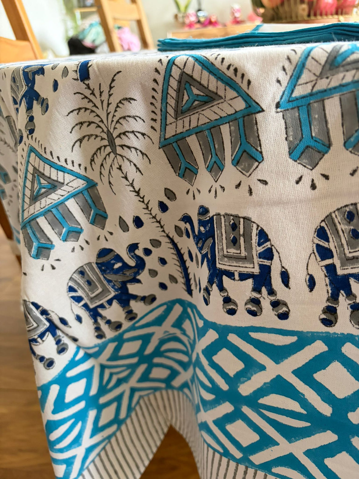 Elephant Theme Block Print Table Cloth and Napkin Set
