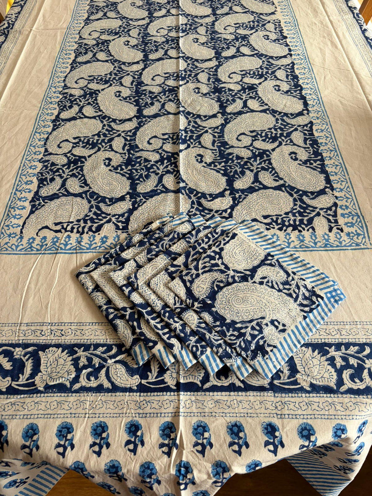 Indigo Hand Block Print Cotton Table Cloth and Napkin Set