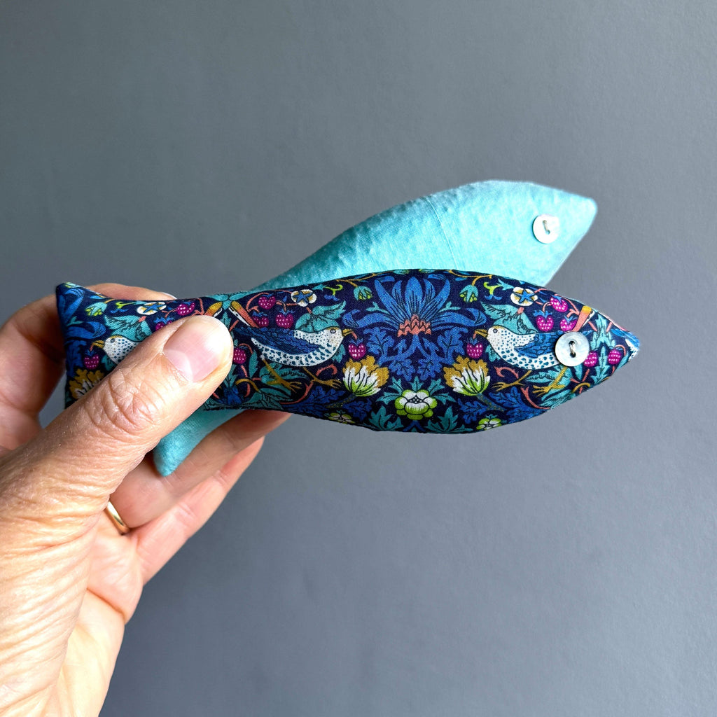 Lavender fish, Strawberry Thief Turquoise print, in hand