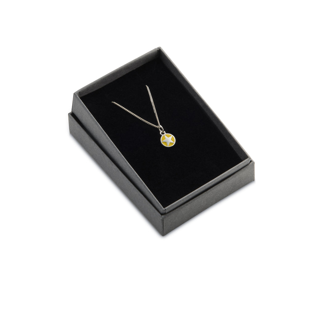 Mini enamel star pendant, silver, yellow, on chain