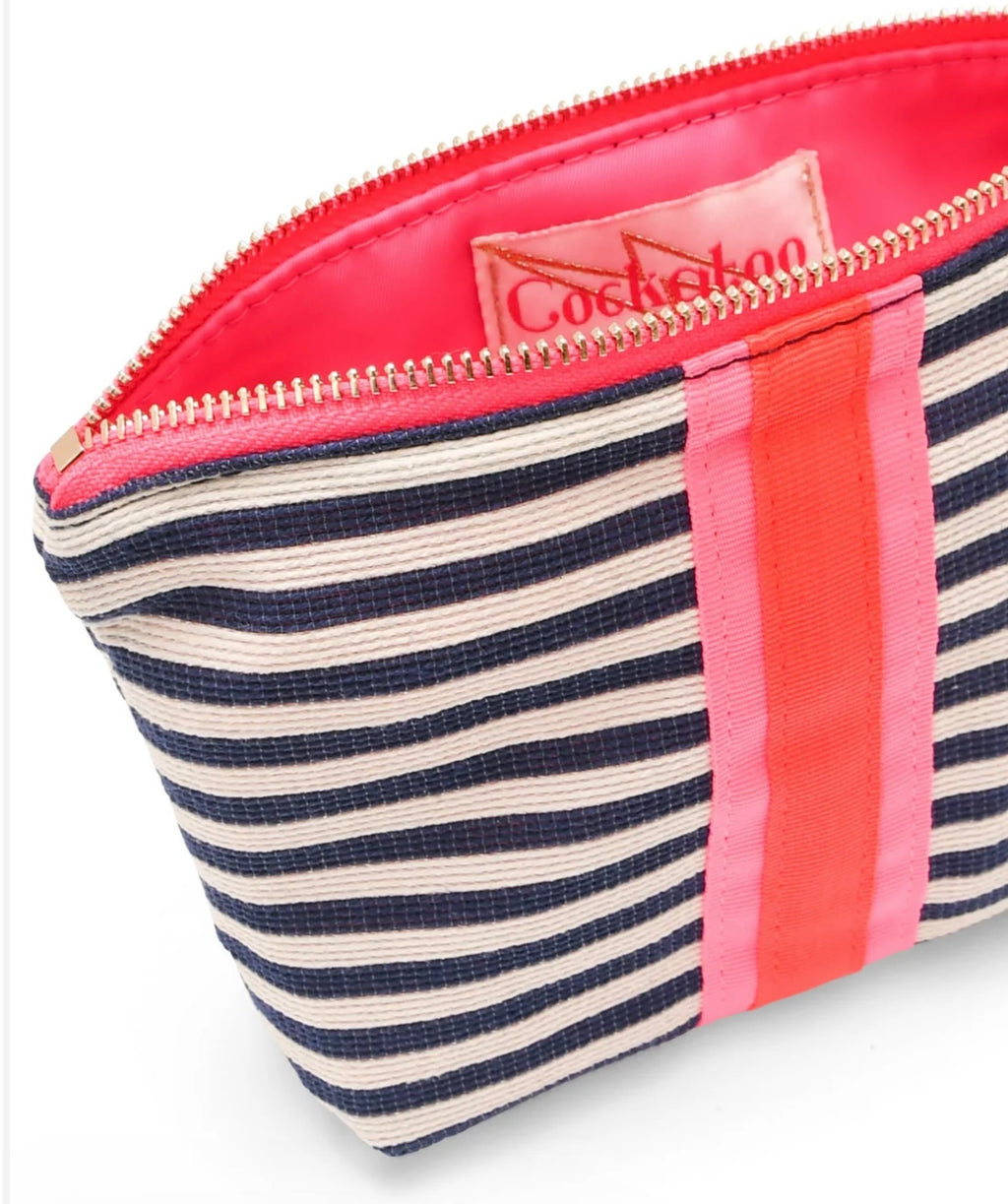 Navy & Cream Striped Makeup Bag With Neon Stripe.