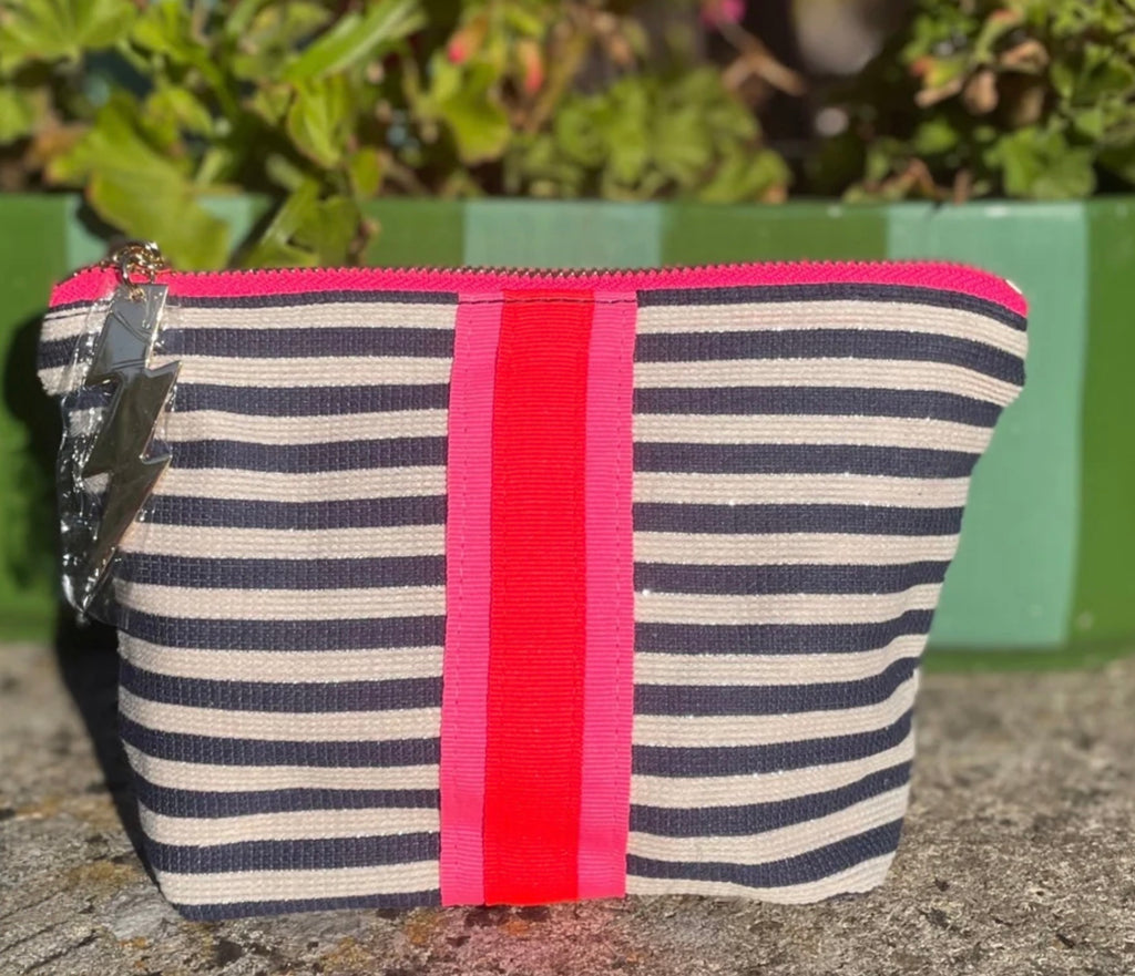 Navy & Cream Striped Makeup Bag With Neon Stripe.