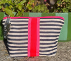 Navy & Cream Striped Makeup Bag With Neon Stripe.