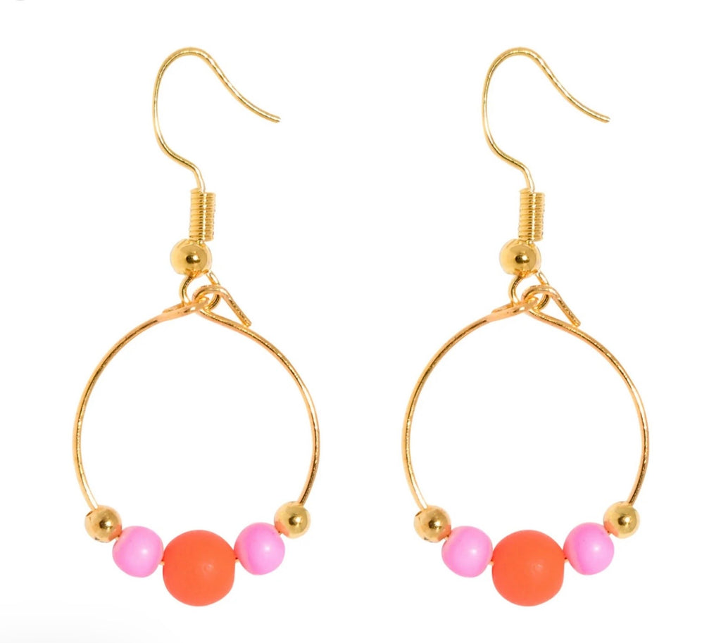 Hot Pink and Orange Beads on Gold Hoops