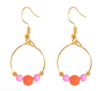 Hot Pink and Orange Beads on Gold Hoops