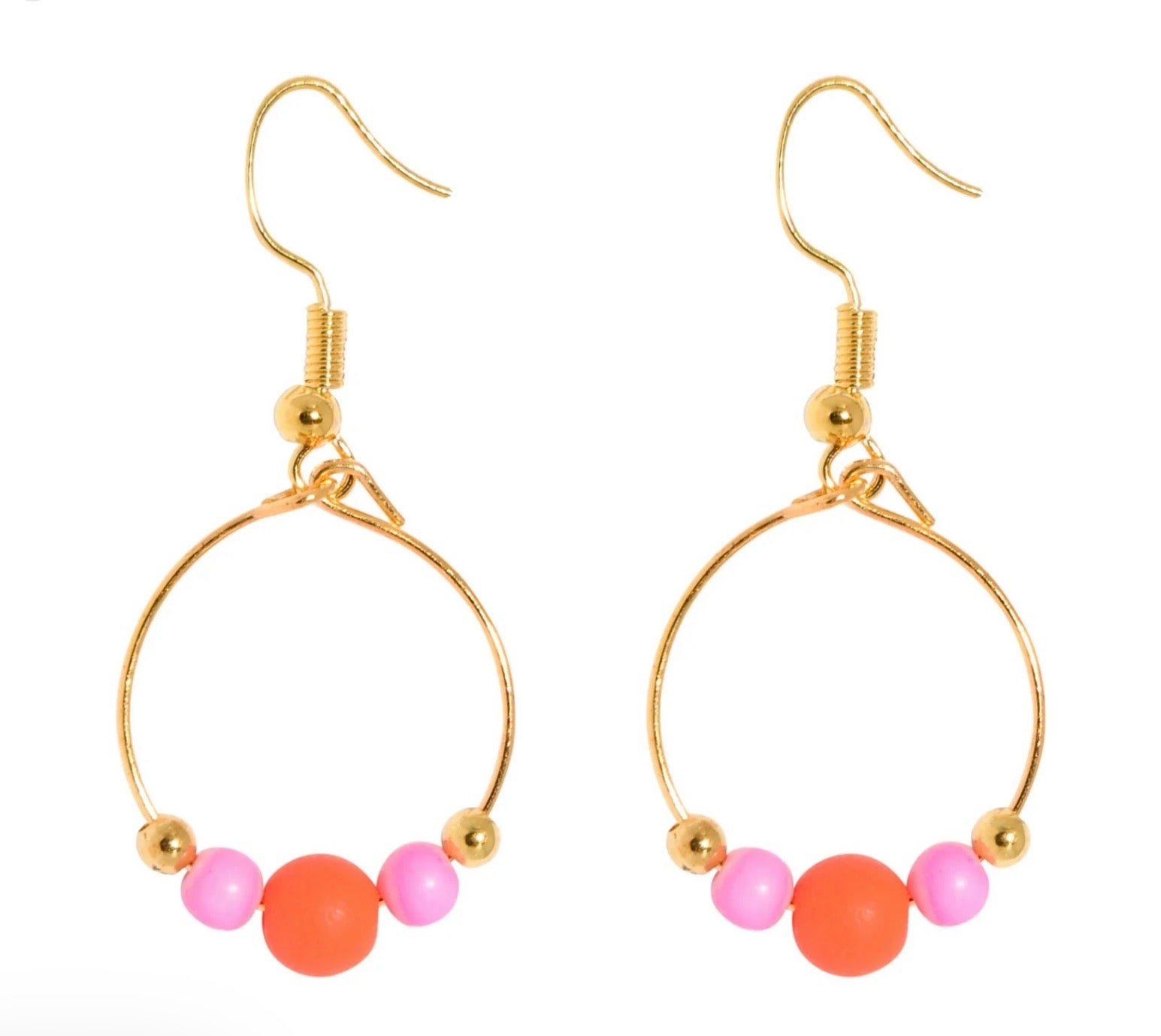 Hot Pink and Orange Beads on Gold Hoops