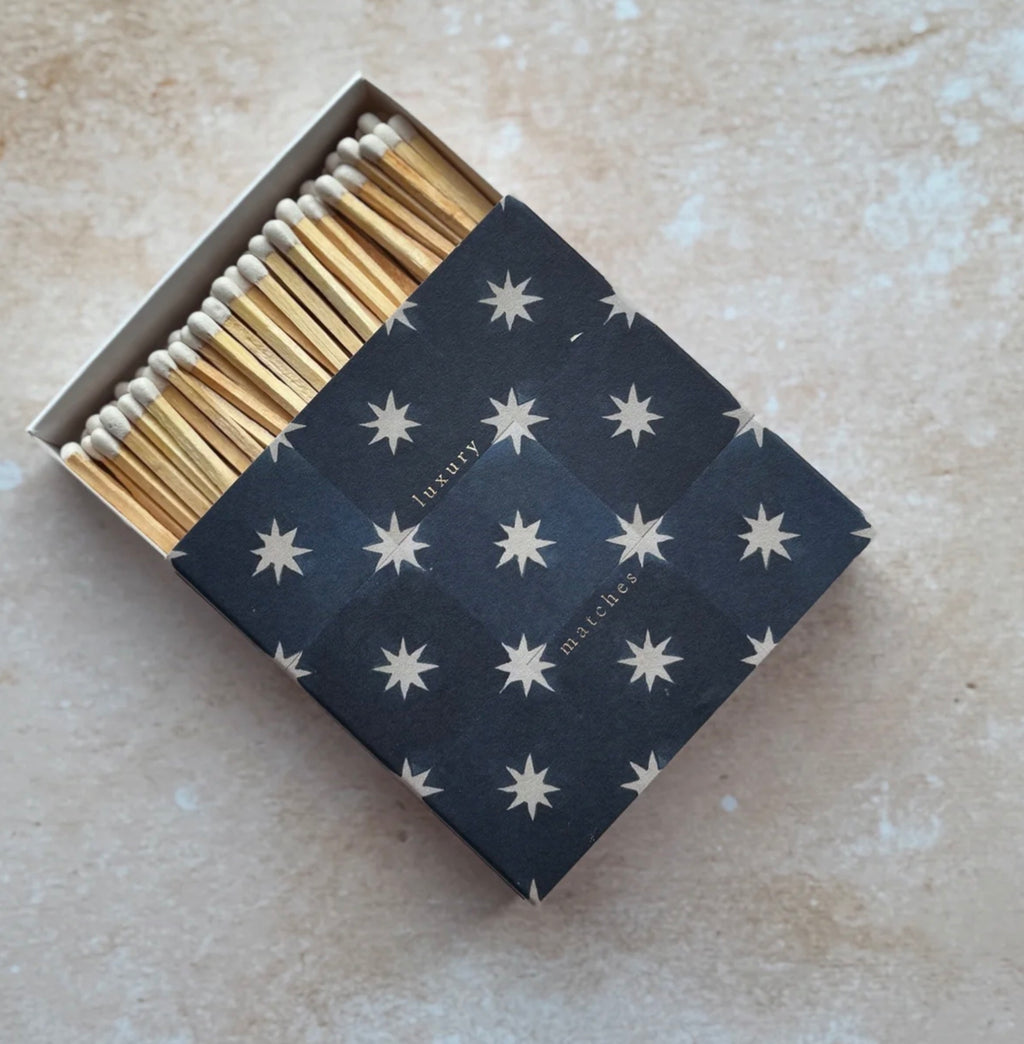 Navy Tile Design Square Matchbox with Bright White Stars