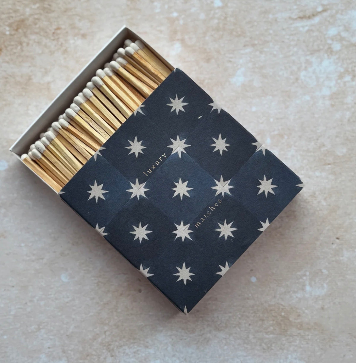 Navy Tile Design Square Matchbox with Bright White Stars