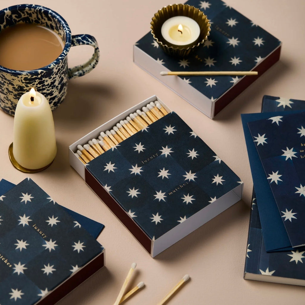 Navy Tile Design Square Matchbox with Bright White Stars