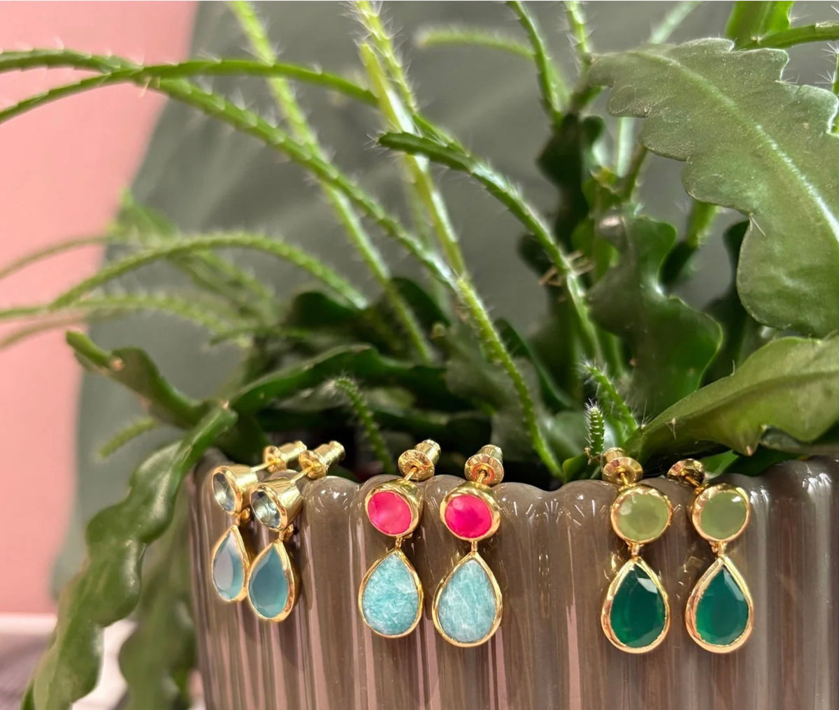 Iris Double Gemstone Drop Earrings: Fuchsia Onyx & Amazonite