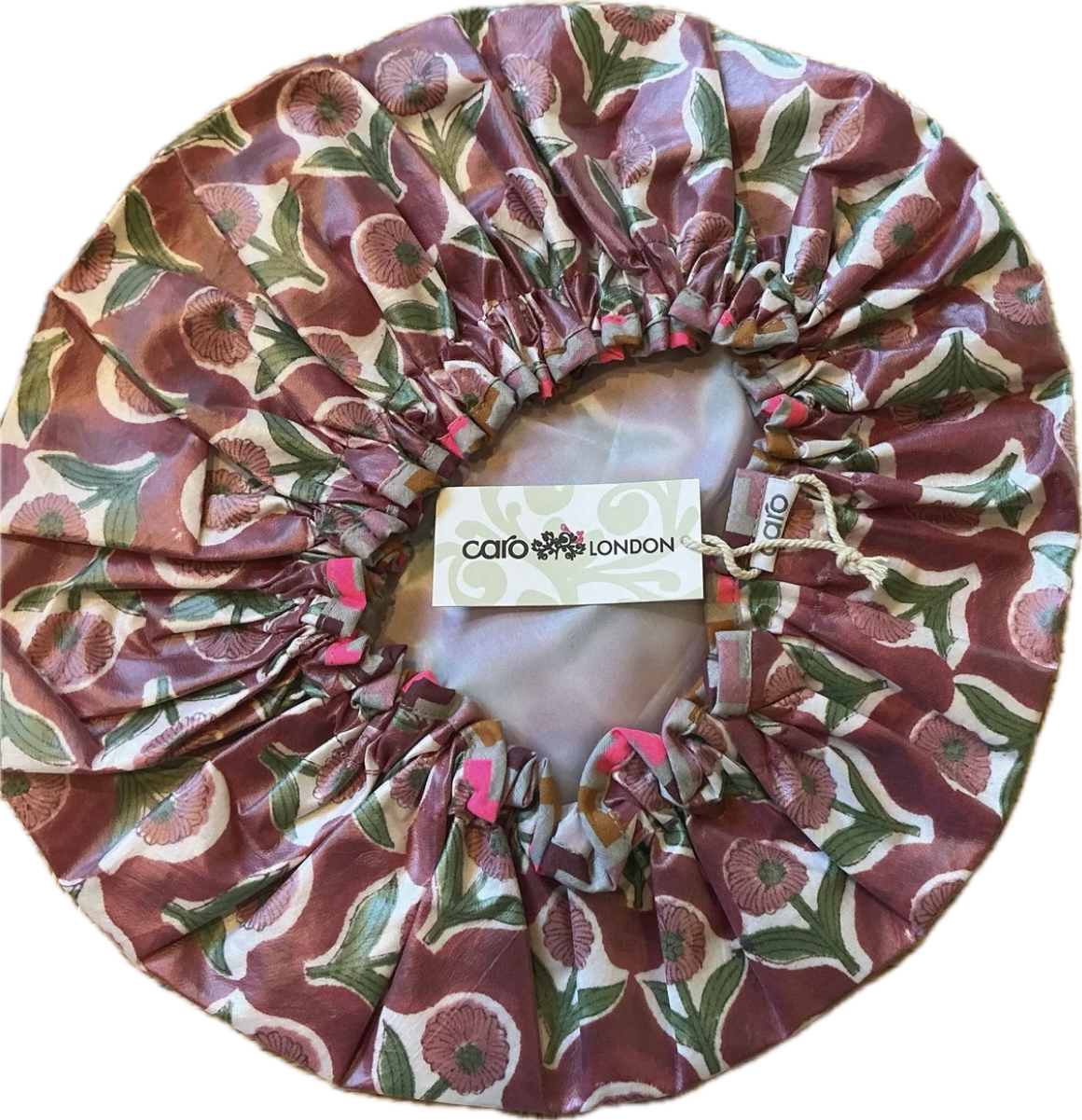 Caro London Shower Cap Raspberry and Emerald Green Block  Print.