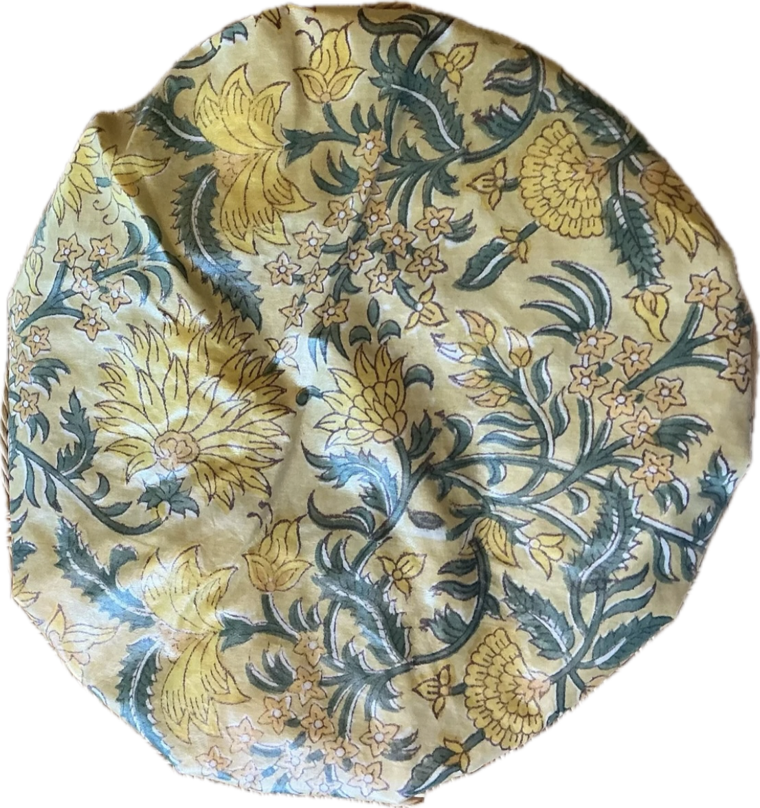 Caro London Shower Cap Mustard with Yellow Ochre Flowers and Green Leaves.