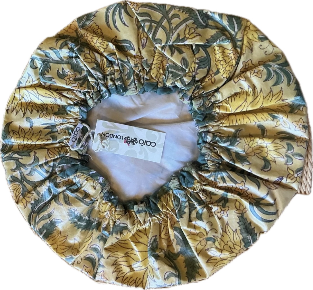 Caro London Shower Cap Mustard with Yellow Ochre Flowers and Green Leaves.