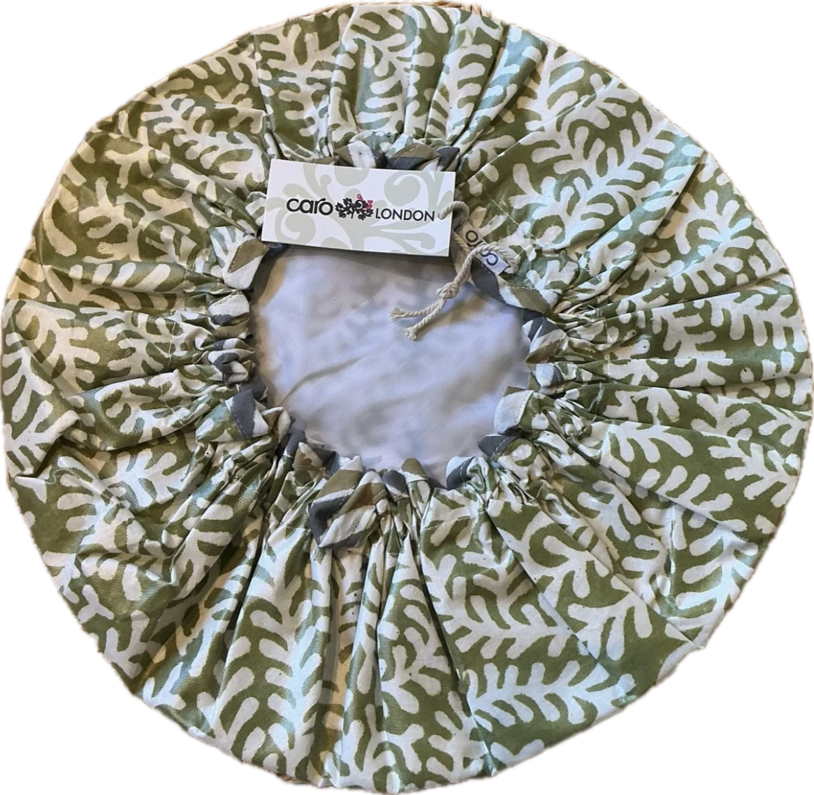 Caro London Shower Cap Swirling White Coral print on Green