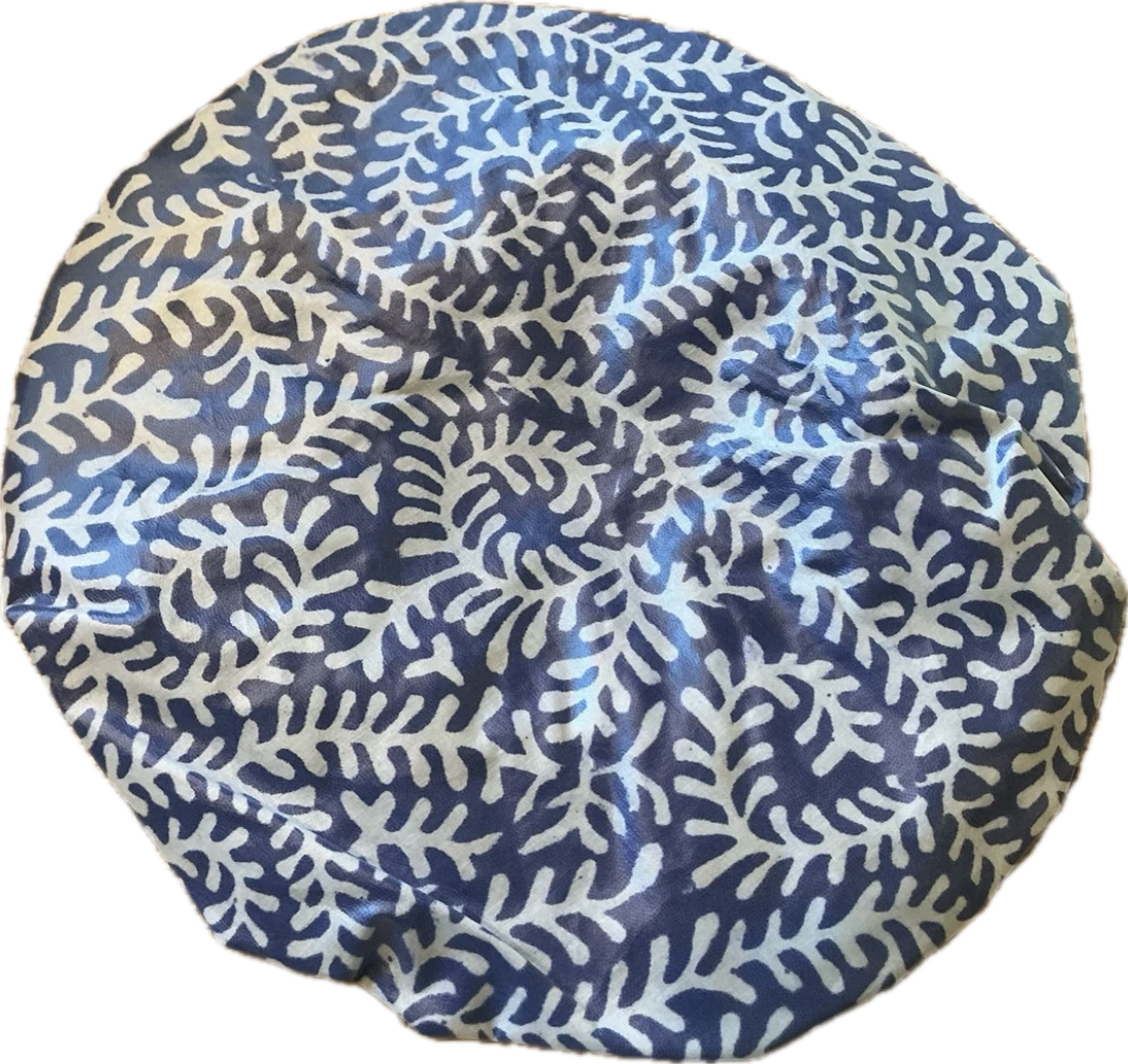 Caro London Shower Cap Swirling White Coral with contrasting  Navy and Red