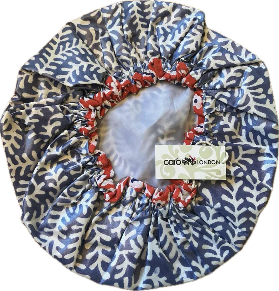 Caro London Shower Cap Swirling White Coral with contrasting  Navy and Red