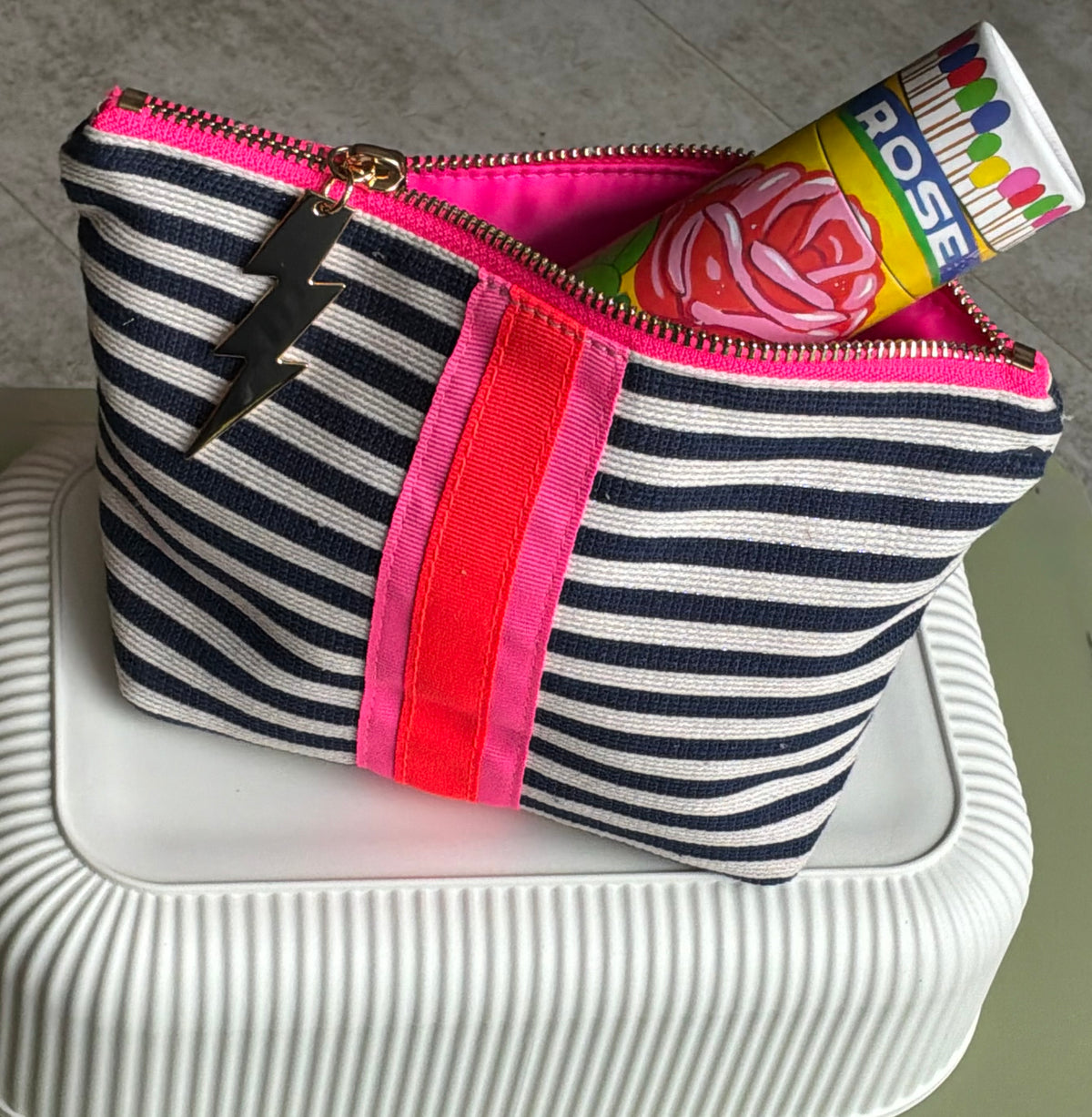 Navy & Cream Striped Makeup Bag With Neon Stripe