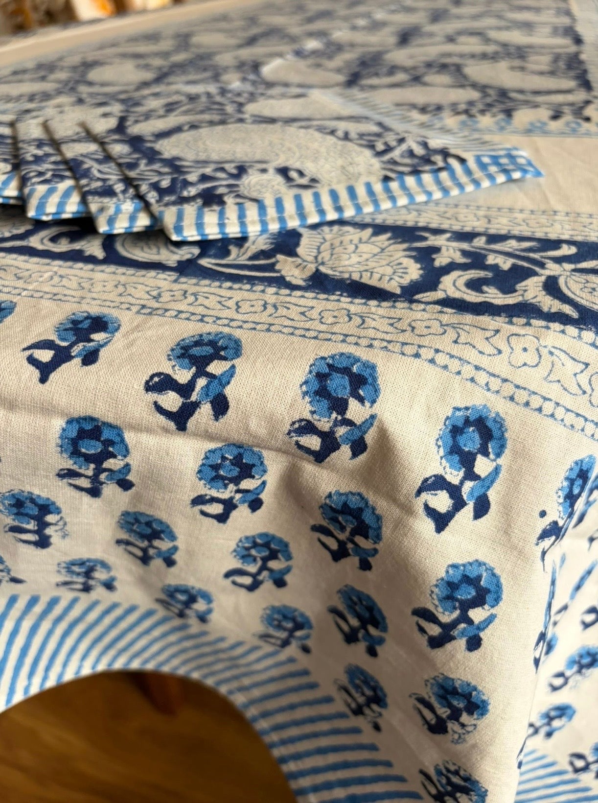 Indigo Blossom Hand Block Print Table Cloth Set