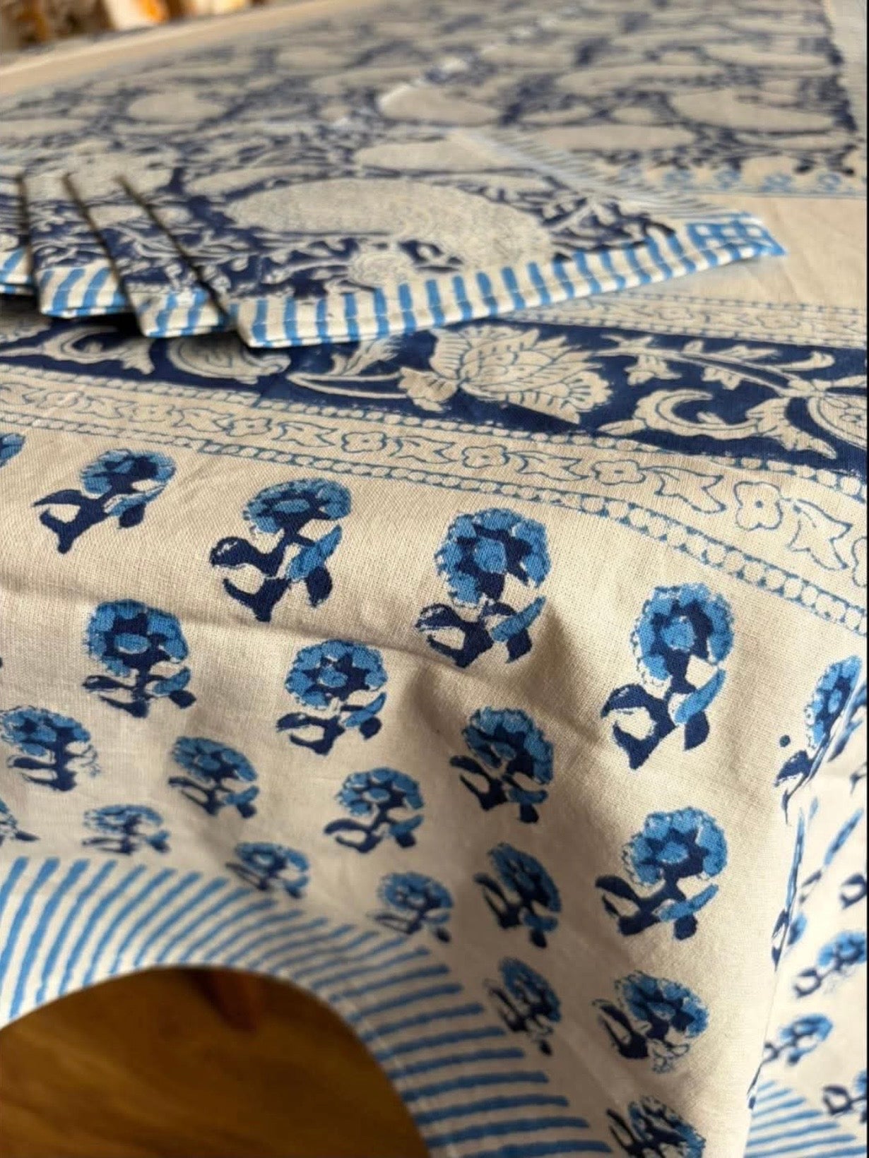 Indigo Blossom Hand Block Print Table Cloth Set