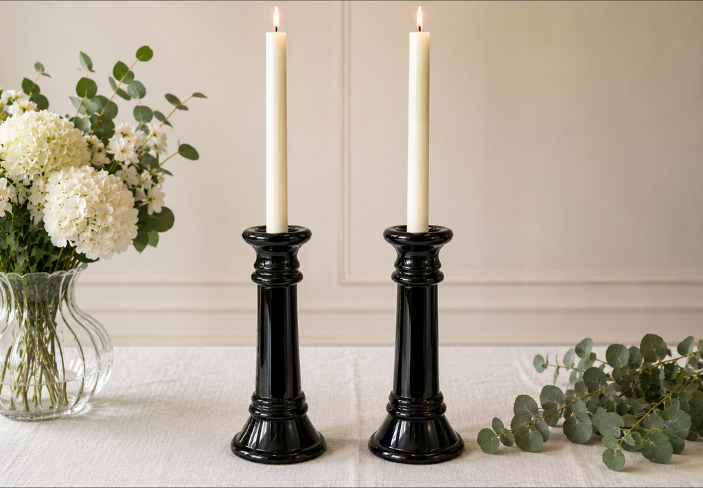 Pair of Vintage Dark Olive Green Pressed Glass Candlesticks