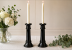 Pair of Vintage Dark Olive Green Pressed Glass Candlesticks