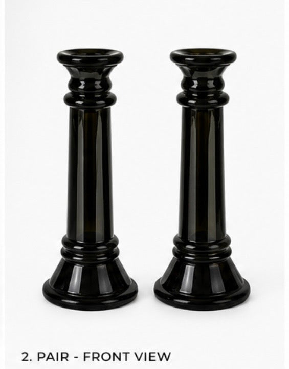 Pair of Vintage Dark Olive Green Pressed Glass Candlesticks