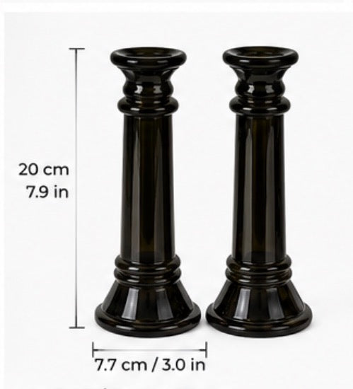Pair of Vintage Dark Olive Green Pressed Glass Candlesticks