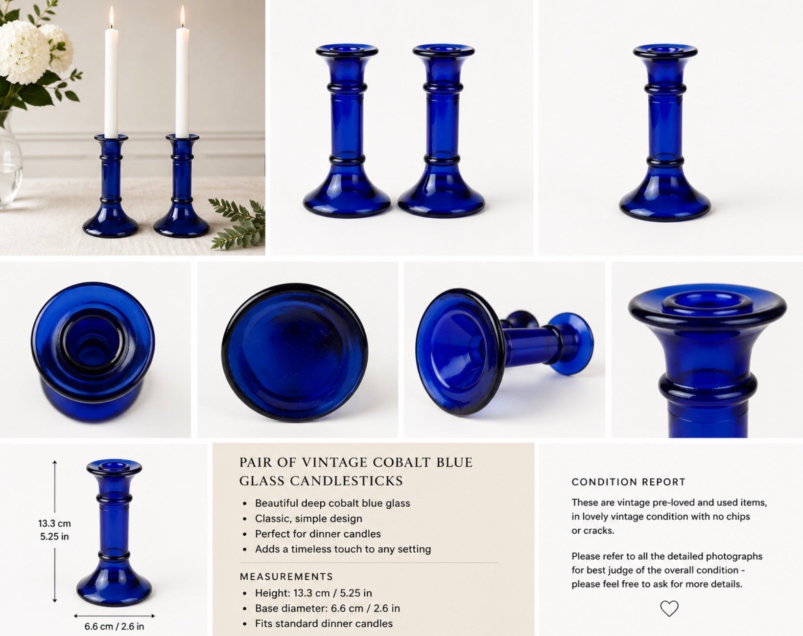 Pair of Vintage Cobalt Blue Glass Candlesticks | Elegant Mid-Century Style | 13.3 cm