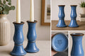 Collage of blue ceramic candle holders with a Denby England label.