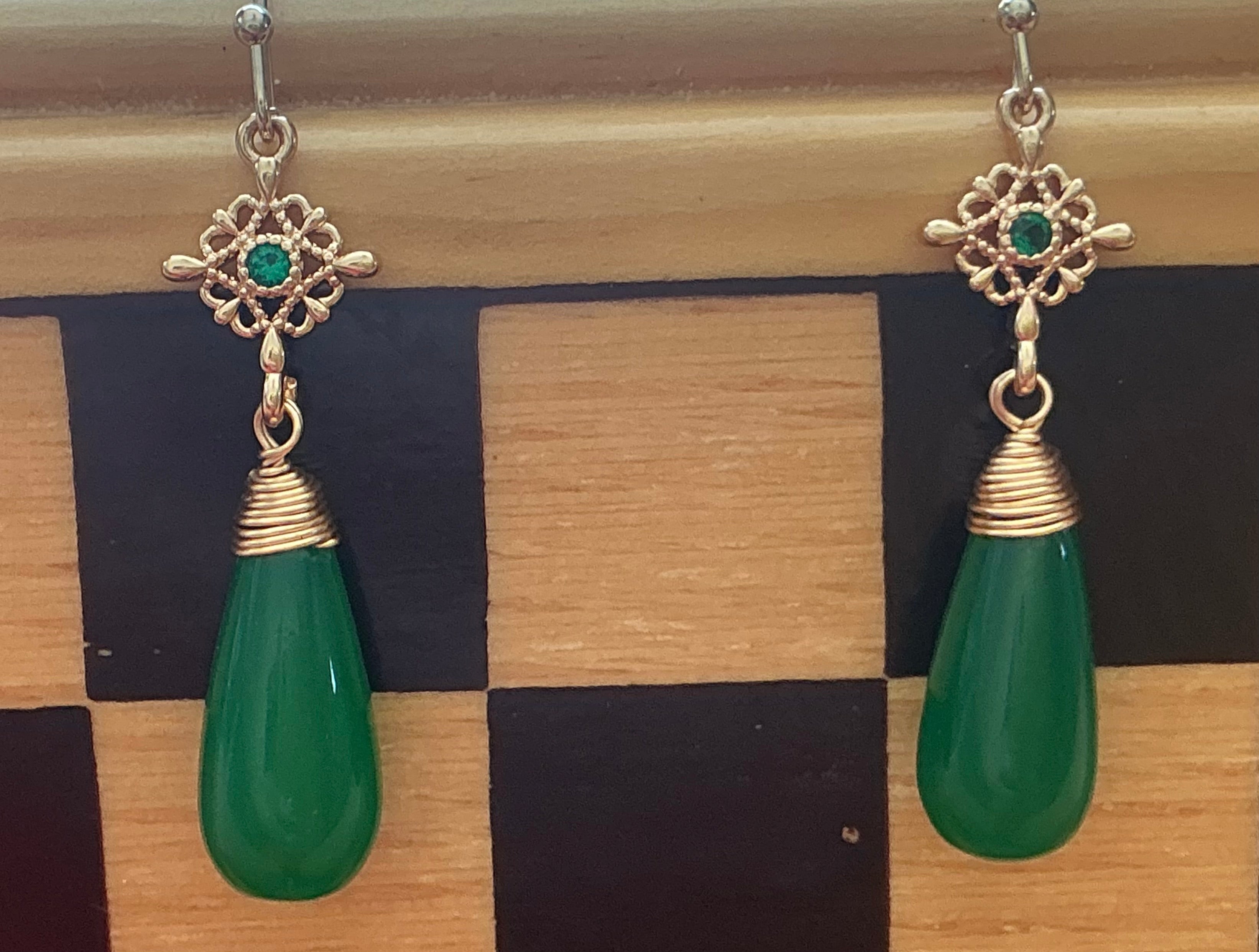 Pair of Natural Jade / 18ct plate drop earrings