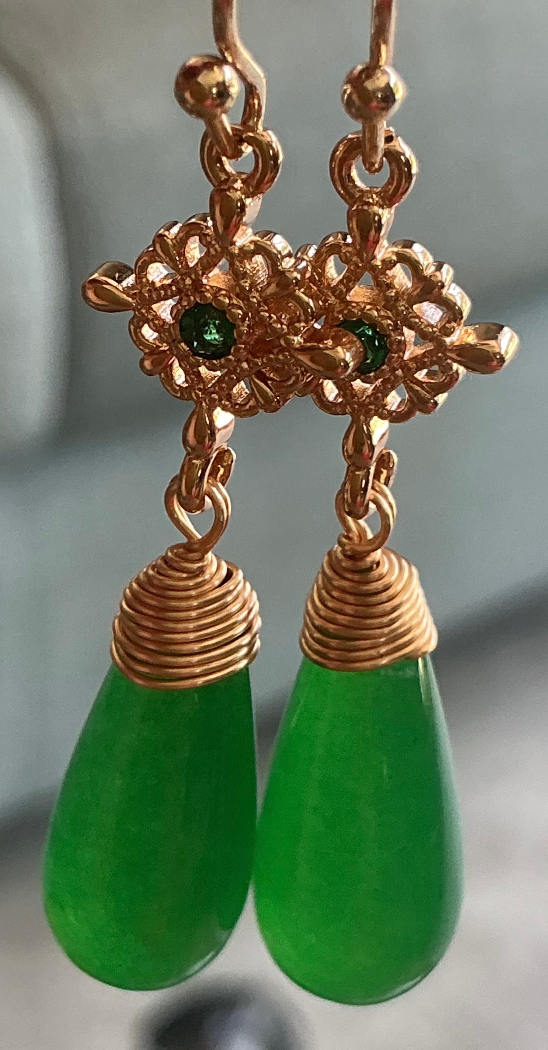 Pair of Natural Jade / 18ct plate drop earrings