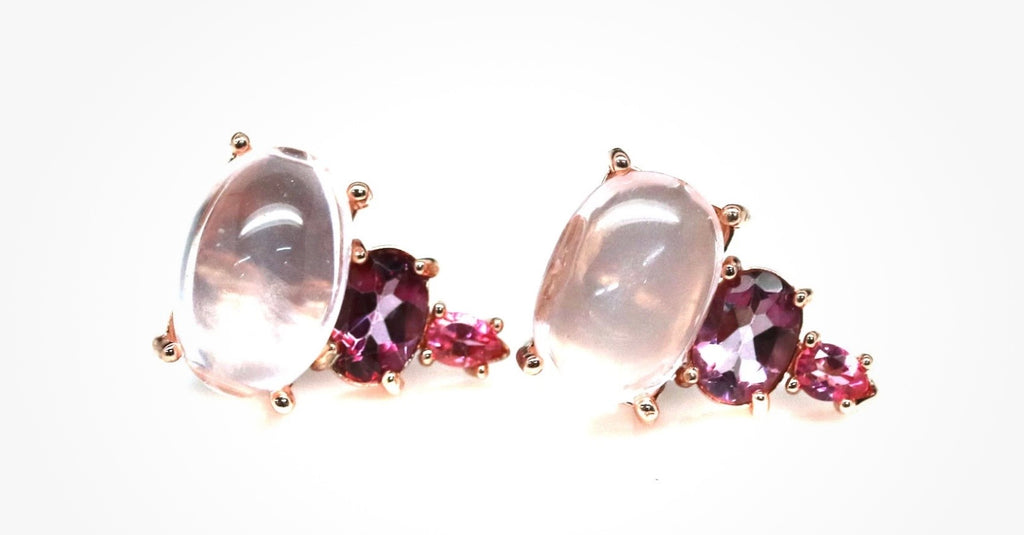 Pink rose Quartz, Rhodolite and pink topaz stud earrings