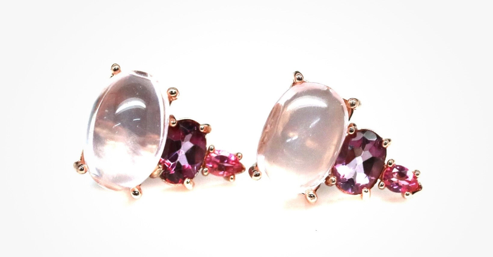 Pink rose Quartz, Rhodolite and pink topaz stud earrings