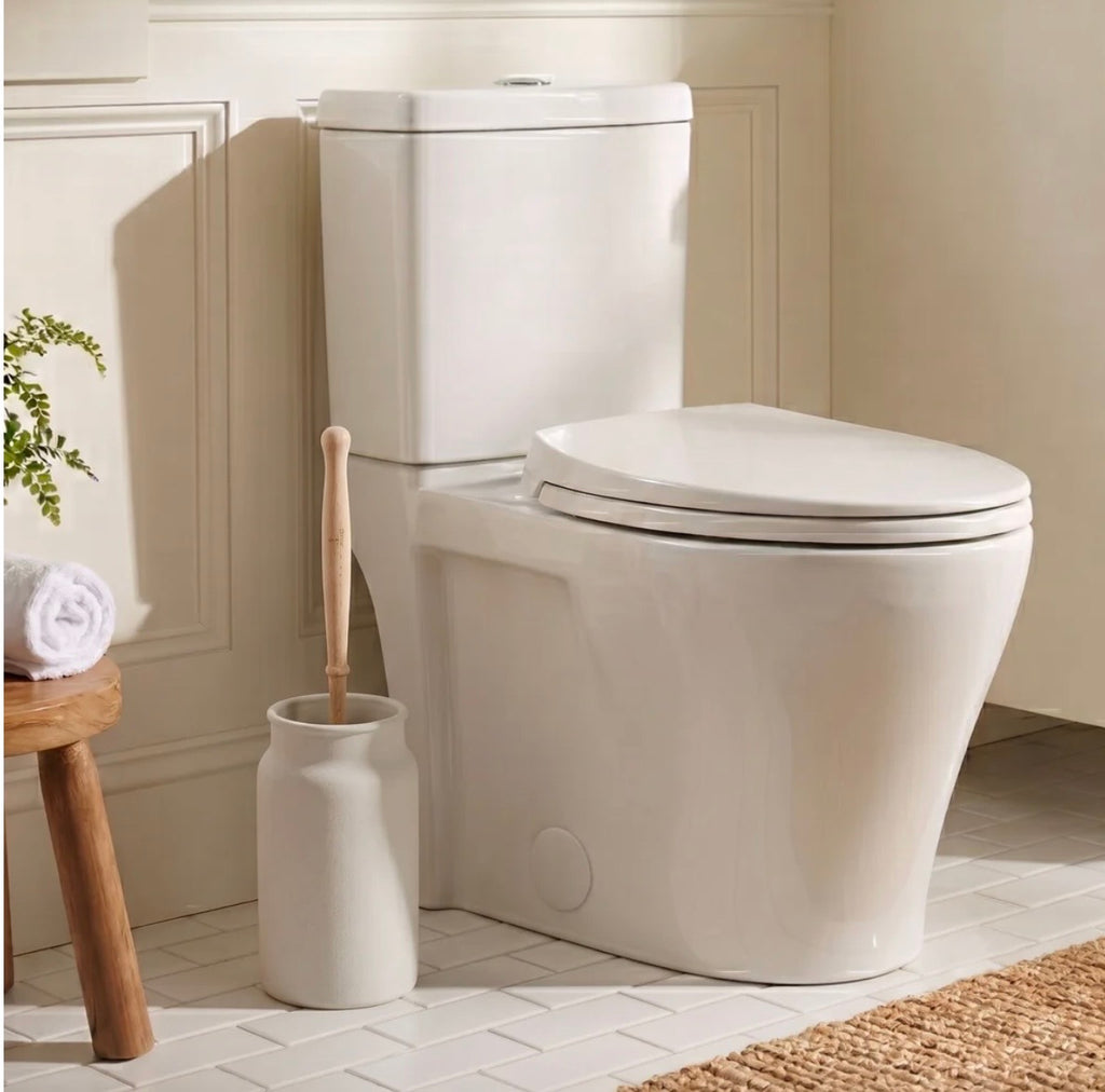 Enamel Toilet Brush Holder and Brush, Stone White