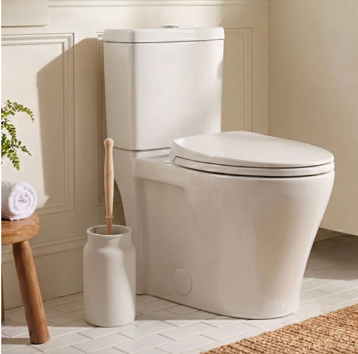 Enamel Toilet Brush Holder and Brush, Stone White