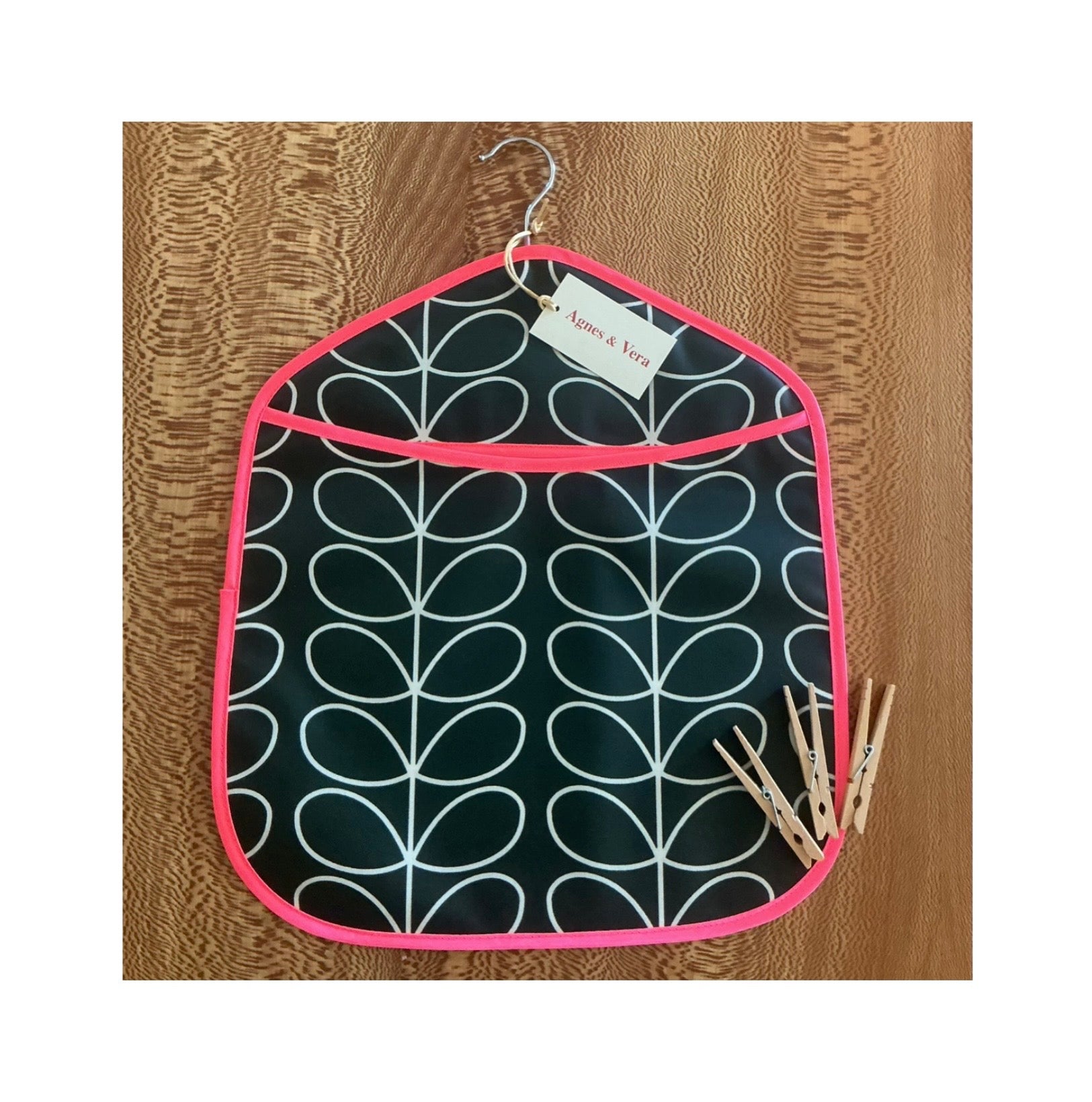 Proper Peg Bag   Black Stem print/ Fuchsia Binding