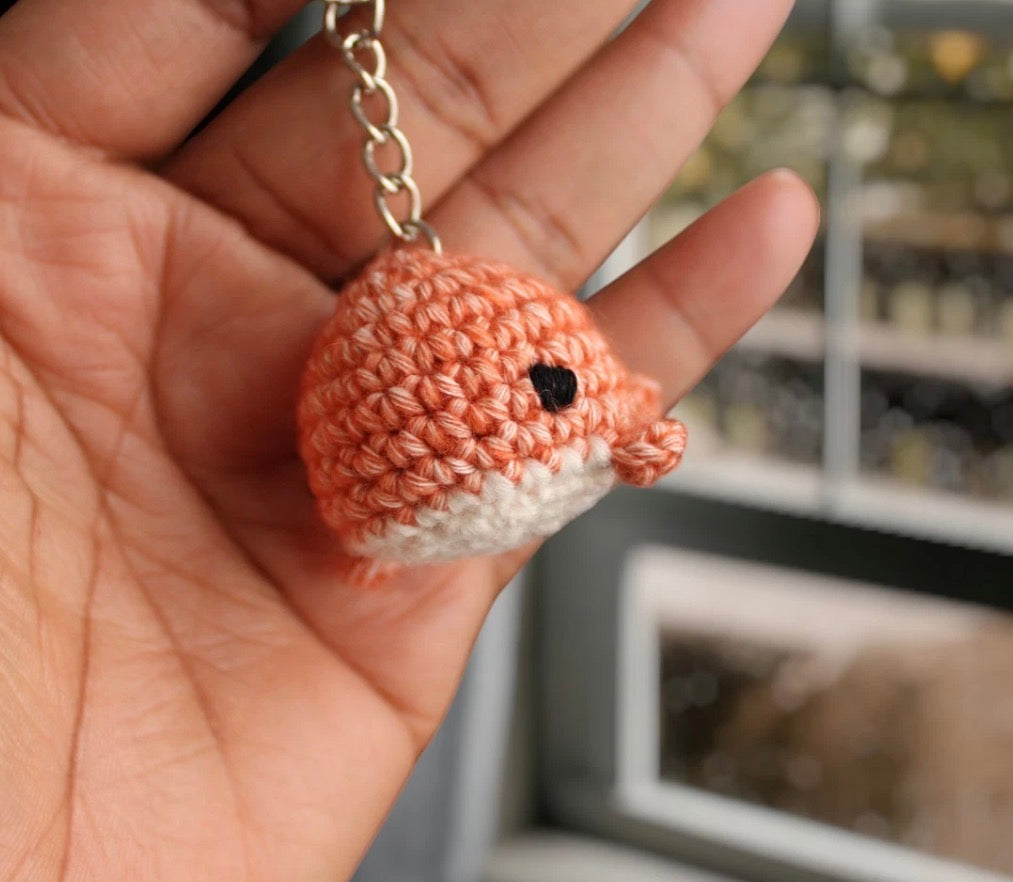 Mini Whale Hand Crochet Key Ring.  Terracotta
