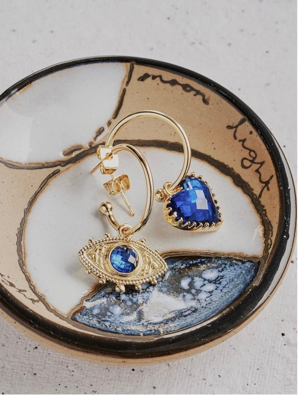 Patroula Gold Small Hoop earrings -Blue Heart and Eye