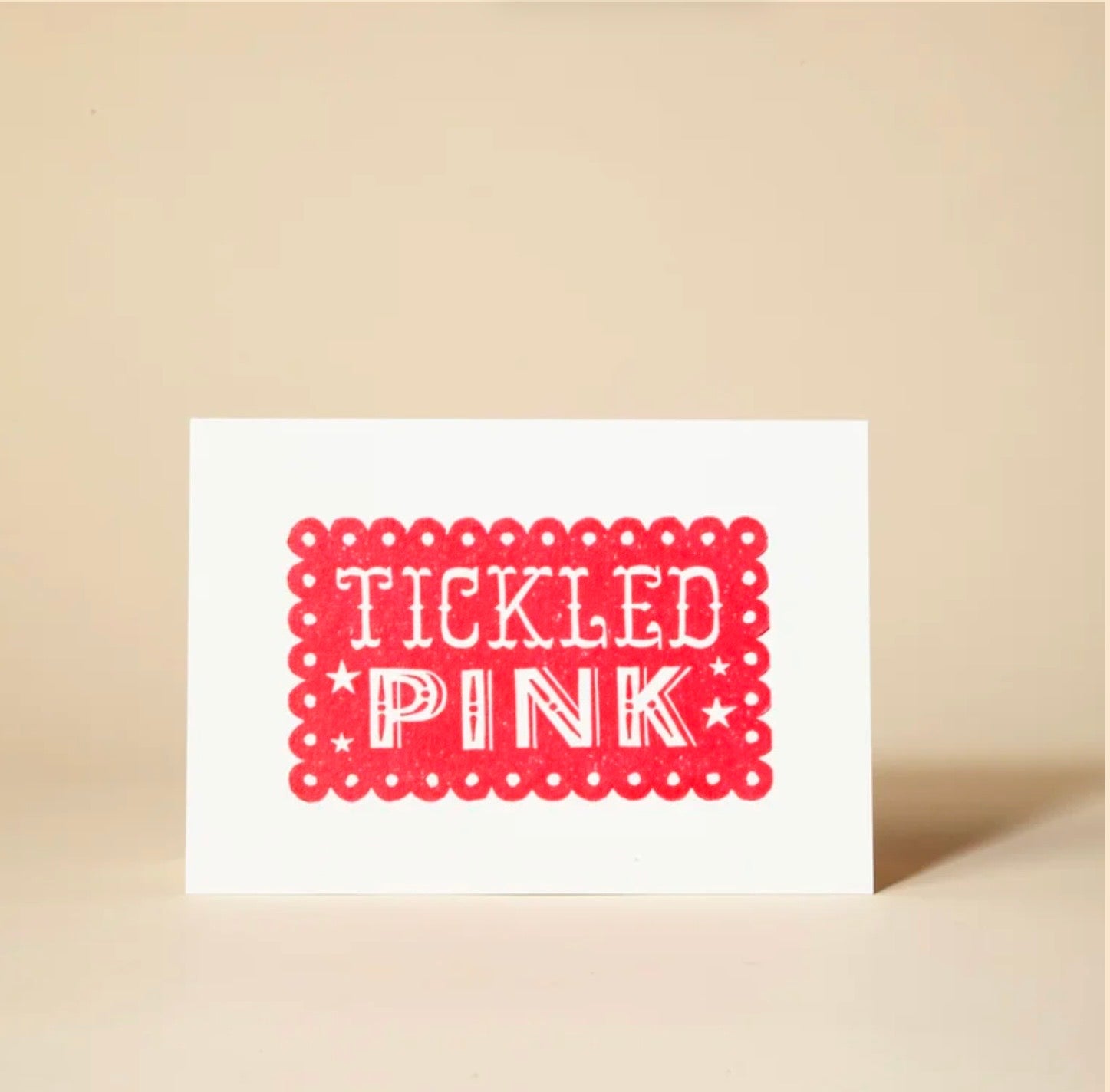 Greetings Card Pressed and Folded -Lino Cut TIckled Pink