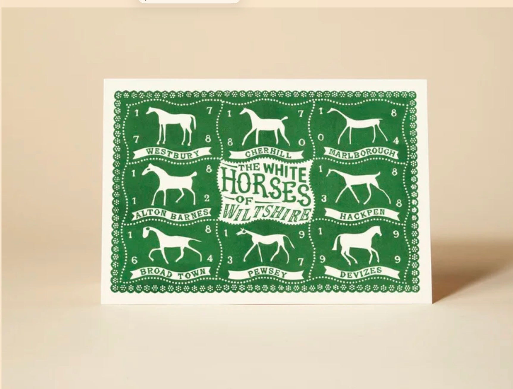 Greetings Card Pressed and Folded -Lino Cut White Horses of Wiltshire