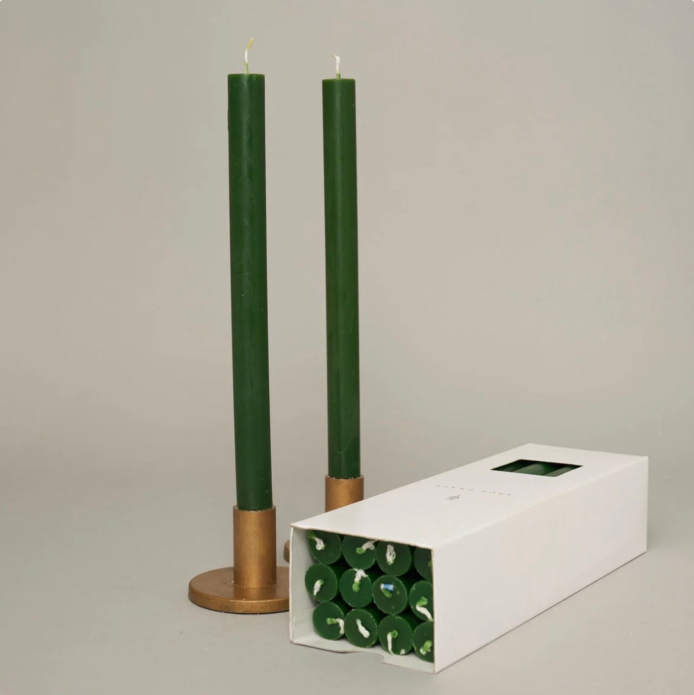 True Grace 12 Luxury Boxed Dinner Candles - Holly Green