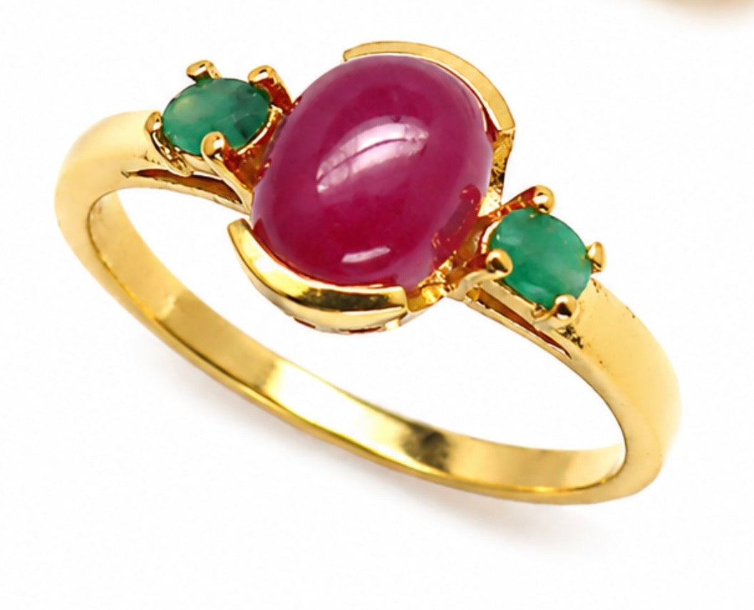 Ruby and Emerald  Ring, Gold Plate on Silver.