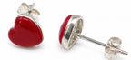 Tiny red enamel heart stud earrings set in silver