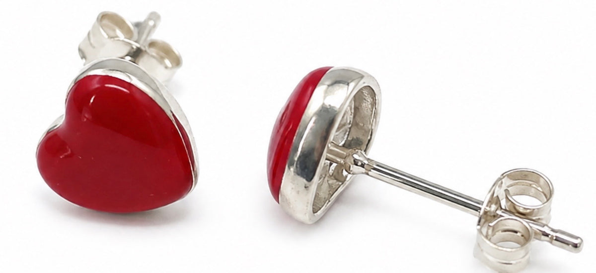 Tiny red enamel heart stud earrings set in silver