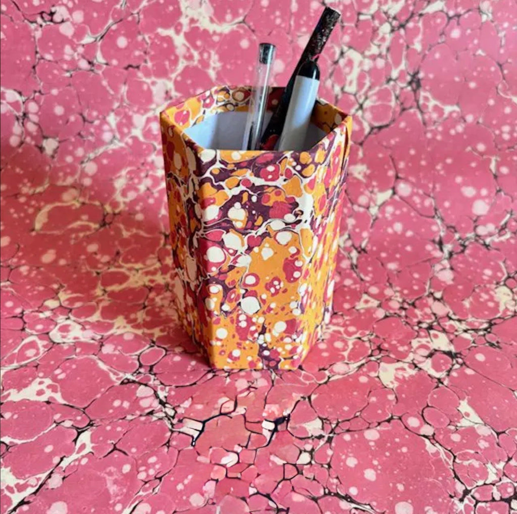 Compton Marbling Hexagonal Marbled Pen Pot, Orange, Red and Ochre