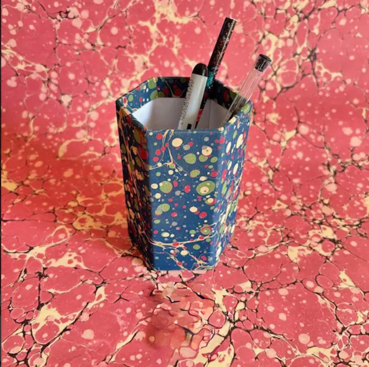 Compton Marbling Hexagonal Marbled Pen Pot, Teal with Red and Green Spots