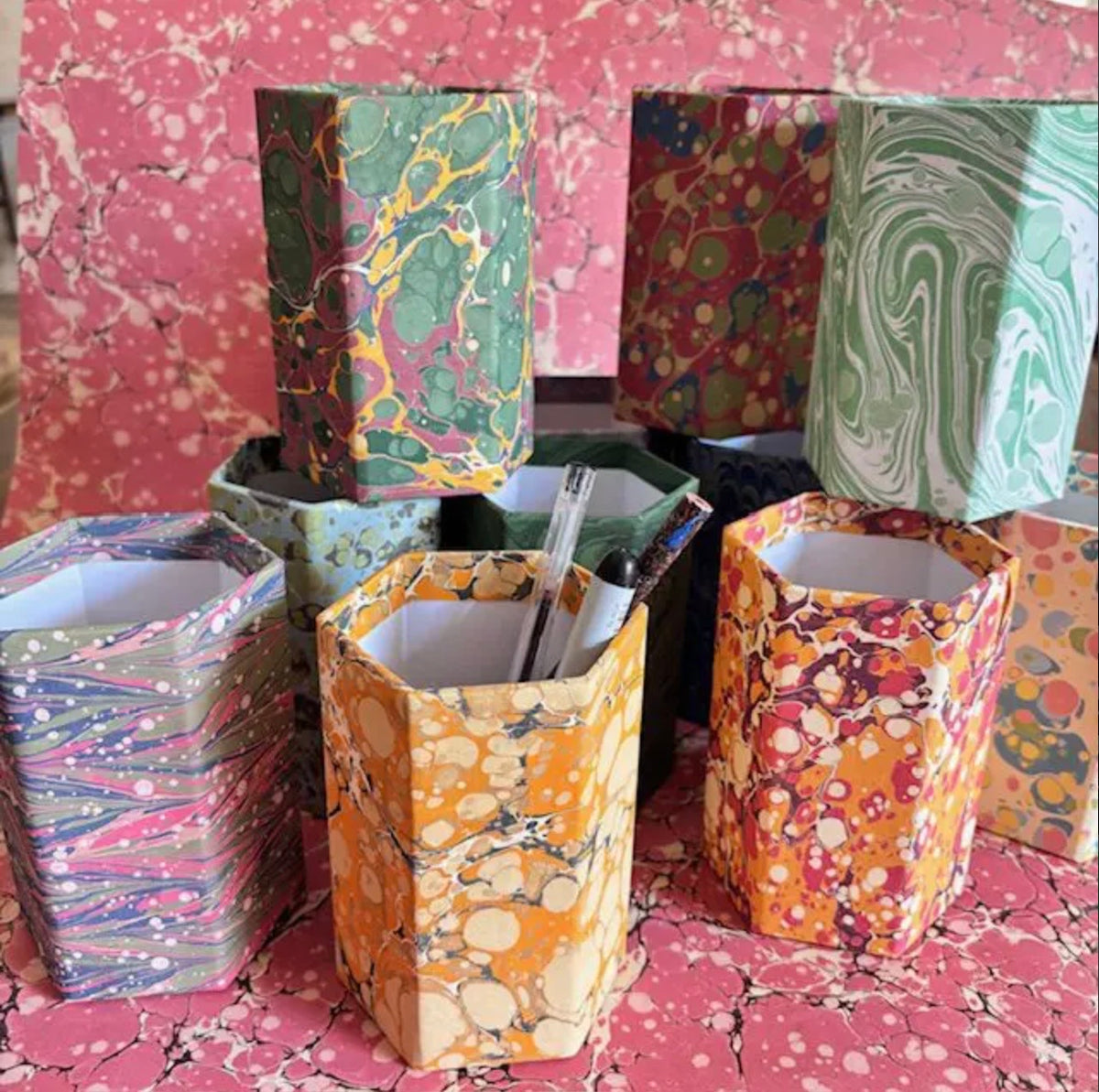 Compton Marbling Hexagonal Marbled Pen Pot, Olive, Coral and Navy