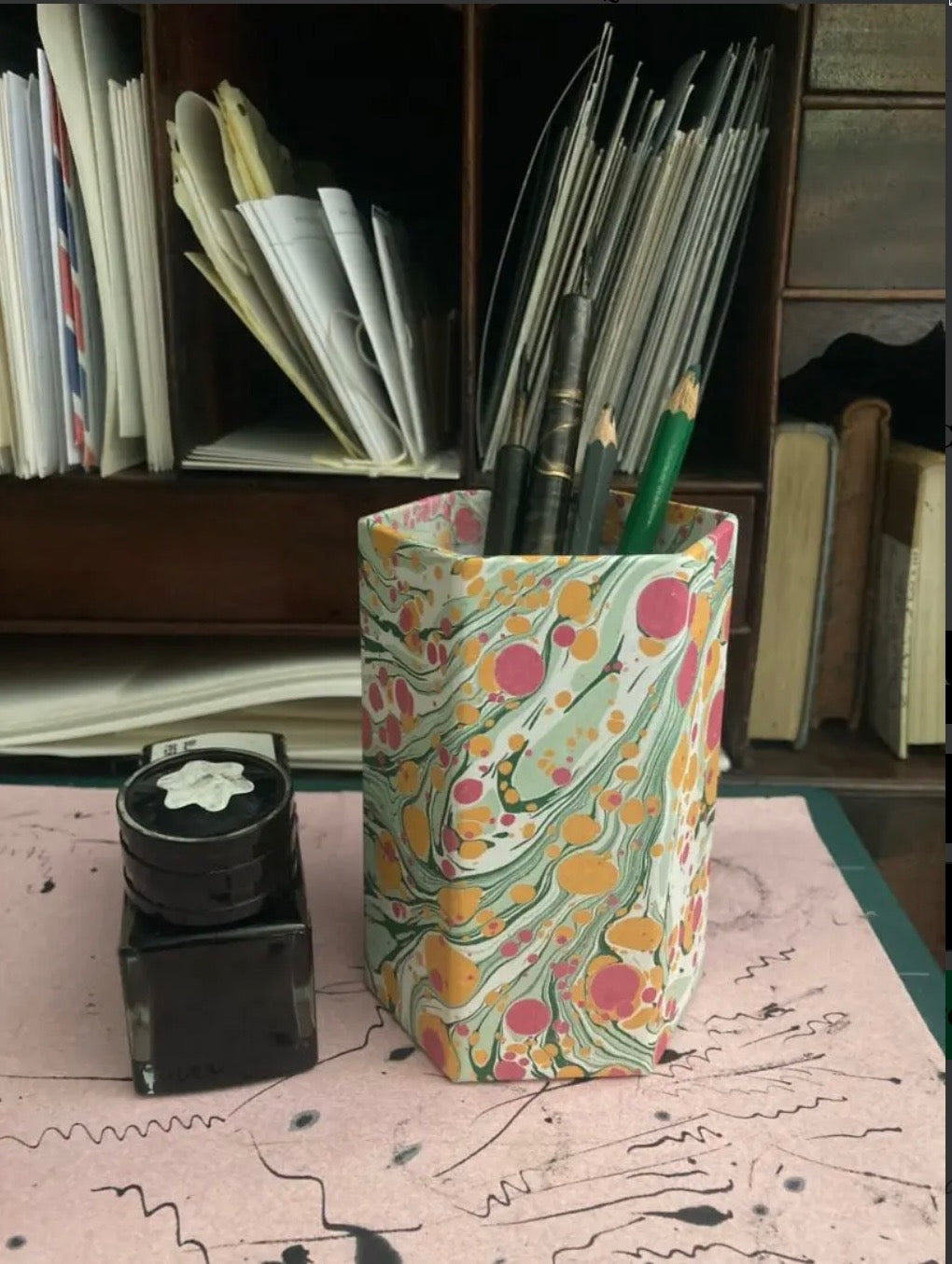 Compton Marbling Hexagonal Marbled Pen Pot, Olive, Coral and Navy
