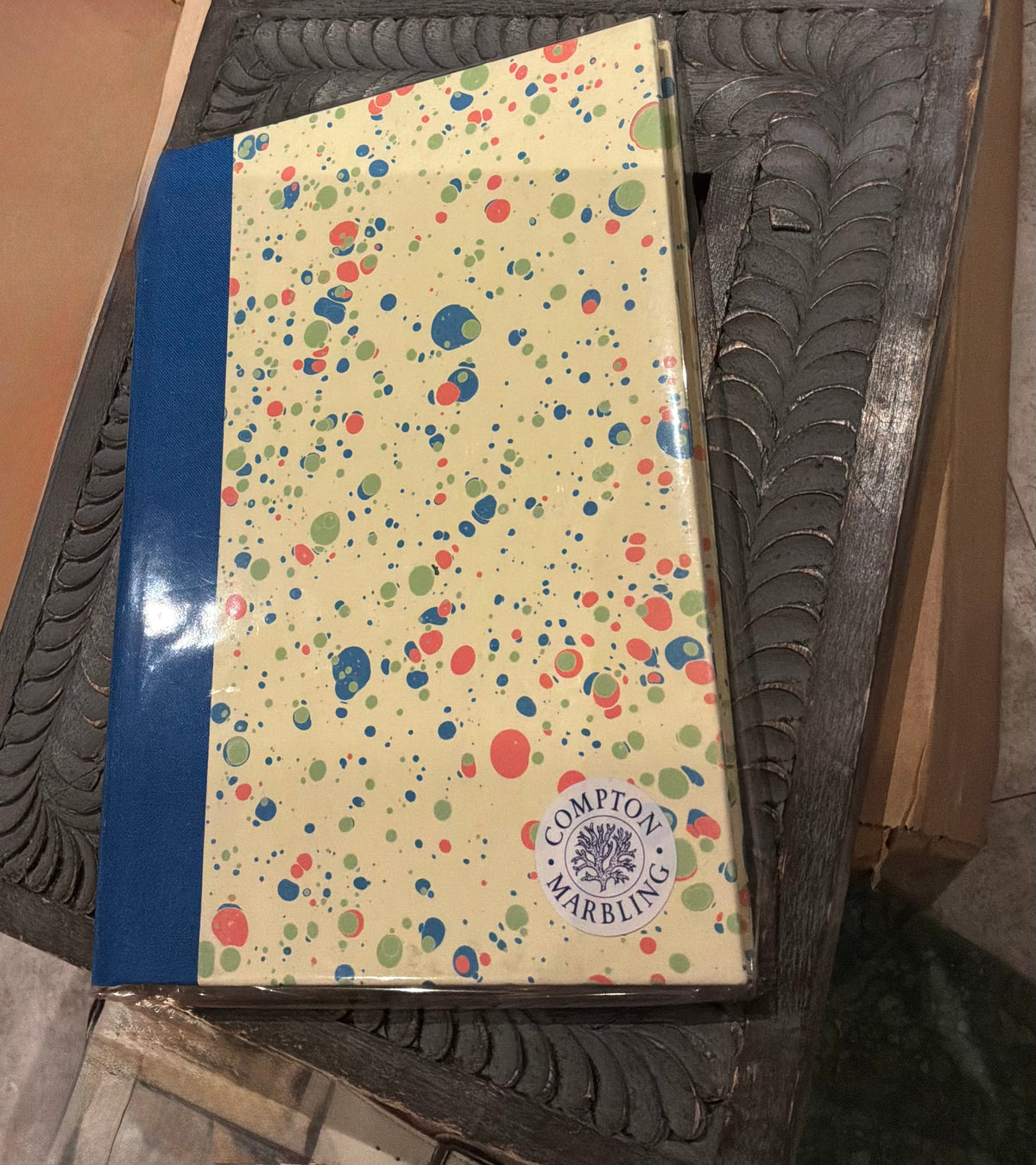 Compton Marbling A5 Lined Hardback Journal, splatters of coral, olive and blue