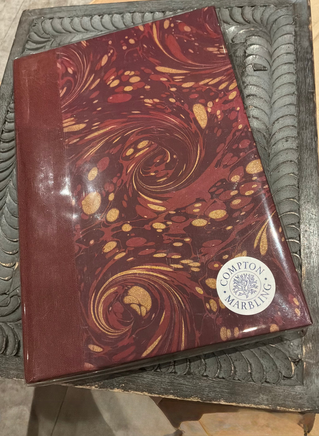 Compton Marbling A5 Lined Hardback Journal, Deep Rich Burgundy And Metallic Gold Swirl